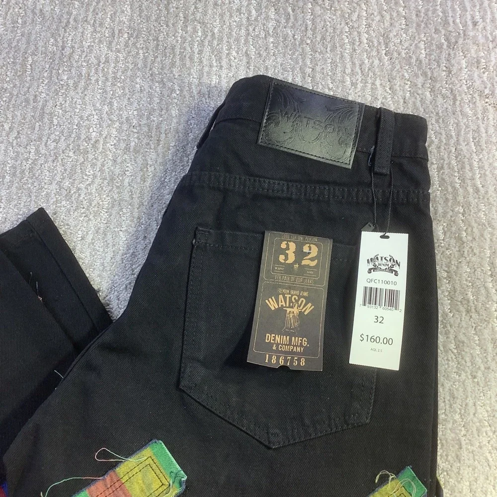 Watson Denim Black Jeans Mens‎ Size 32 (Actual 30 x 31) Rasta Patches NWT